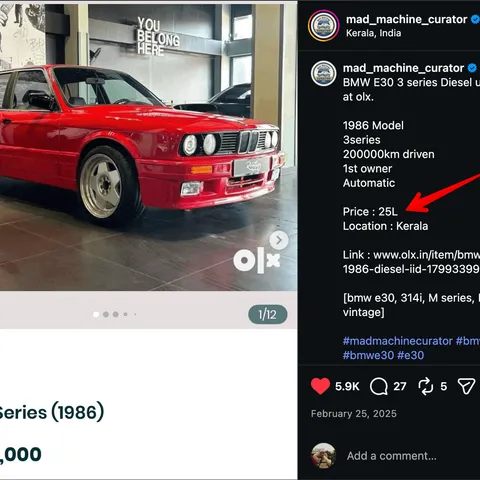 Instagram listing for a red 1986 BMW E30 3 Series diesel in Kerala, priced at 25 lakh