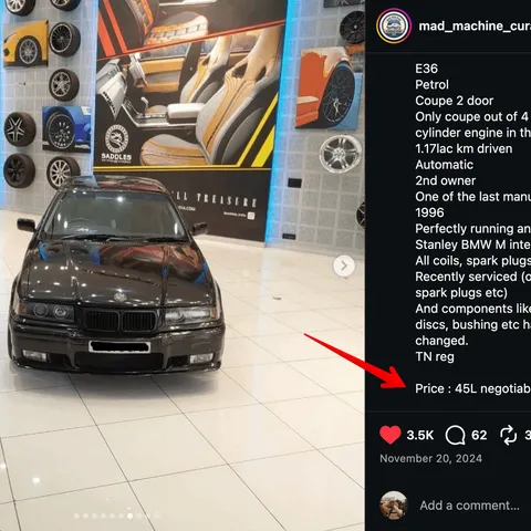 Instagram listing for a black BMW E36 coupé with a straight-six, priced at 45 lakh negotiable