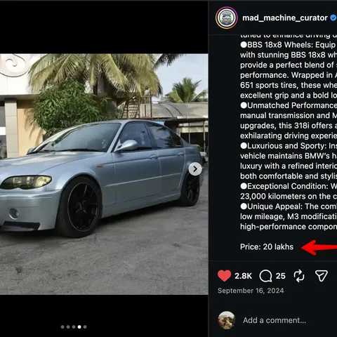 Instagram listing for a silver modified BMW E46 318i with BBS wheels, priced at 20 lakh